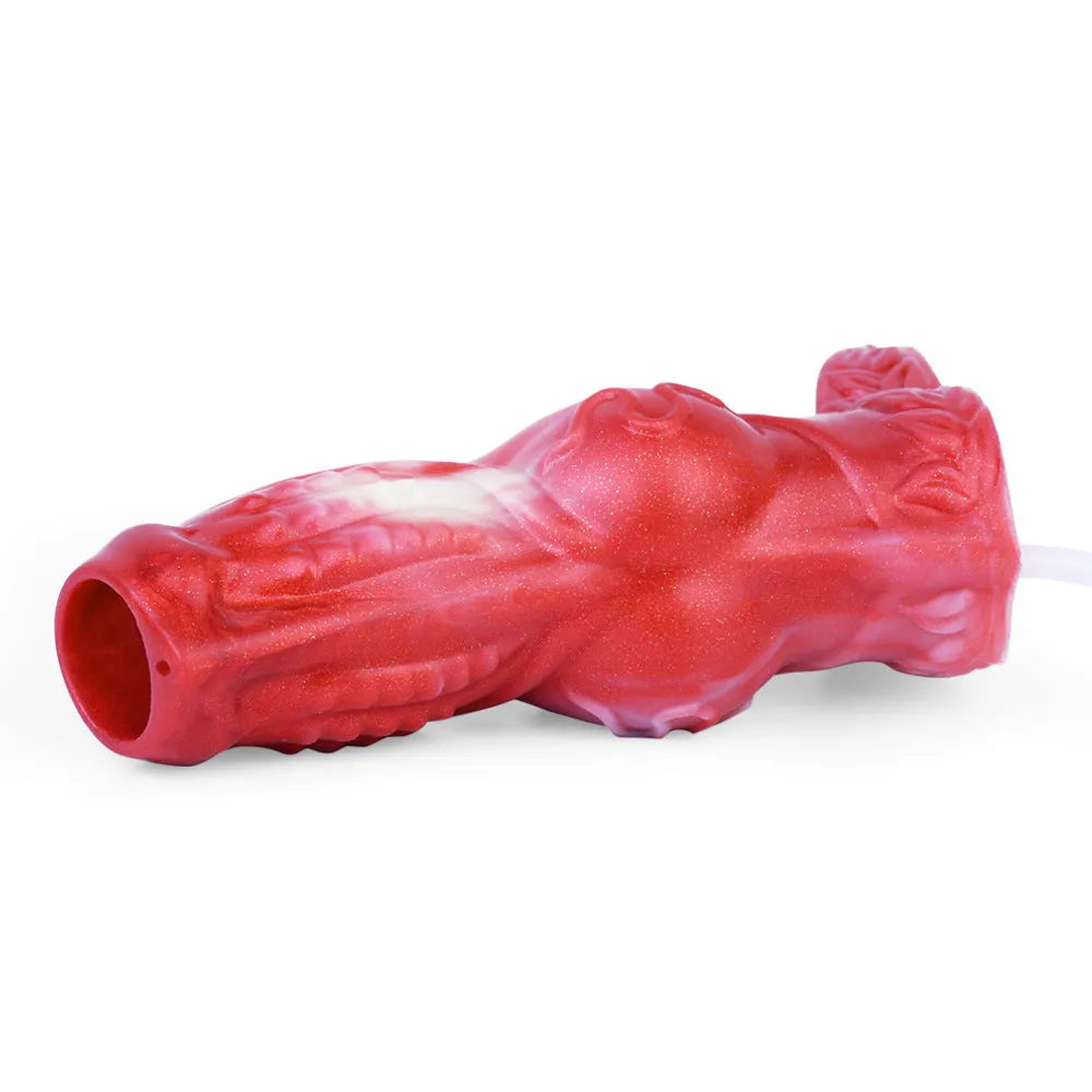 Liquid silicone adult condom toy with water spray syringe control system showing M and L size options