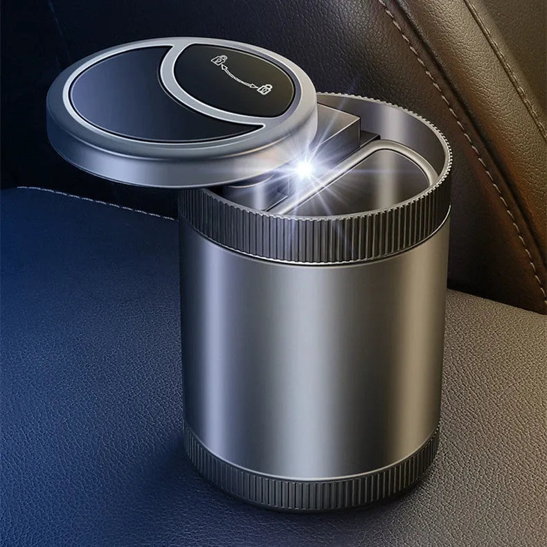 Automatic sensing vehicle mounted ashtray in grey with USB cable for car, home, or office use.