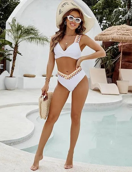 Women's lace-up split swimsuit bikini set with high-waist brief in black