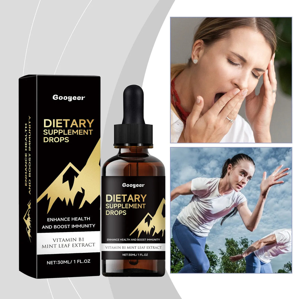 Glass dropper bottle containing amber liquid dietary supplement drops for amino acids and vitamin B12.