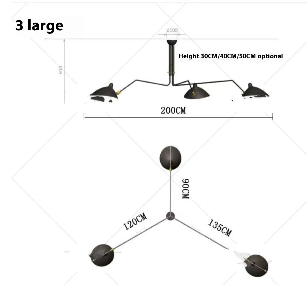 Nordic ceiling lamp with 3 heads size 185CM for bedroom or dining room warm light