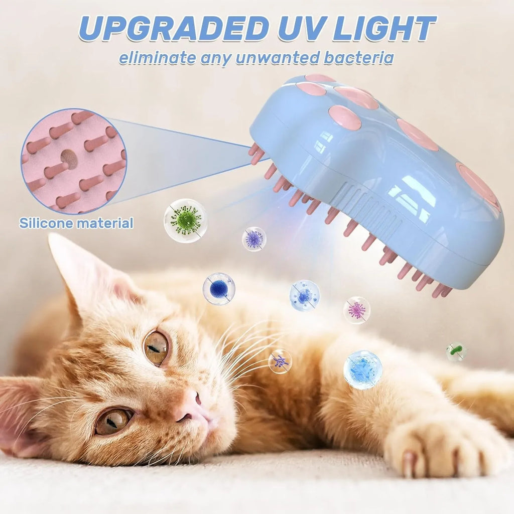Blue self-cleaning pet steam brush with silicone bristles and a water spray button