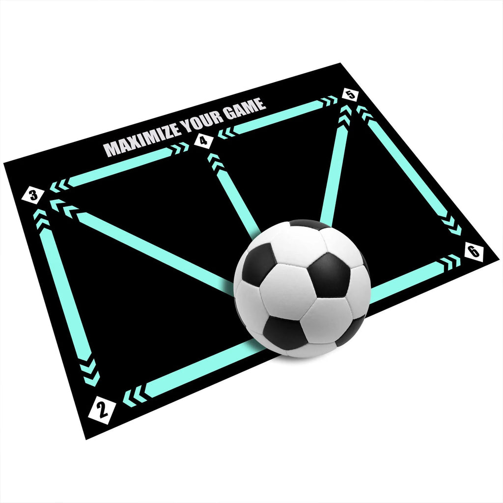 Black non-slip football training mat measuring 60 by 90 centimetres.
