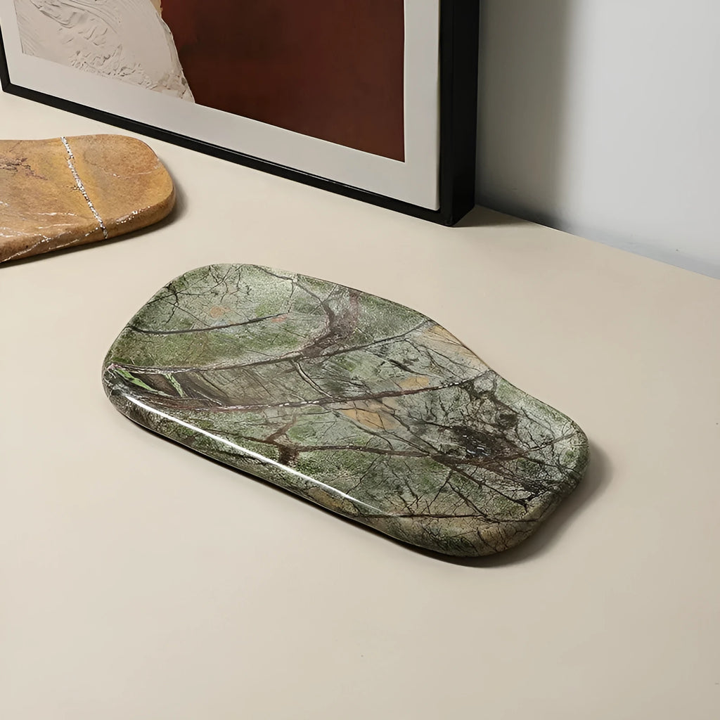 Irregular art marble tray in natural stone, 33.5x19cm, Coffee colour, with smooth polished surface on a wooden table