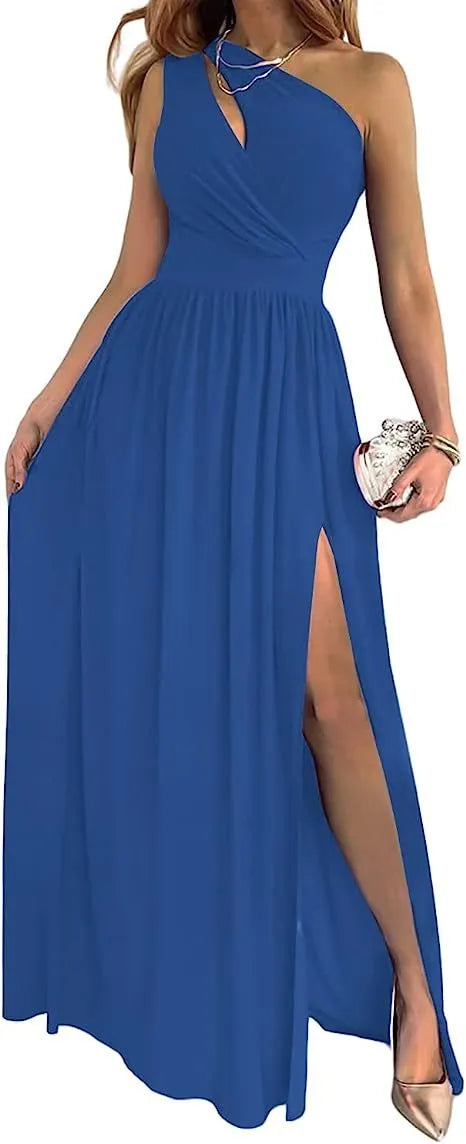 Women's one shoulder sleeveless maxi dress with high split cutout design in apricot colour