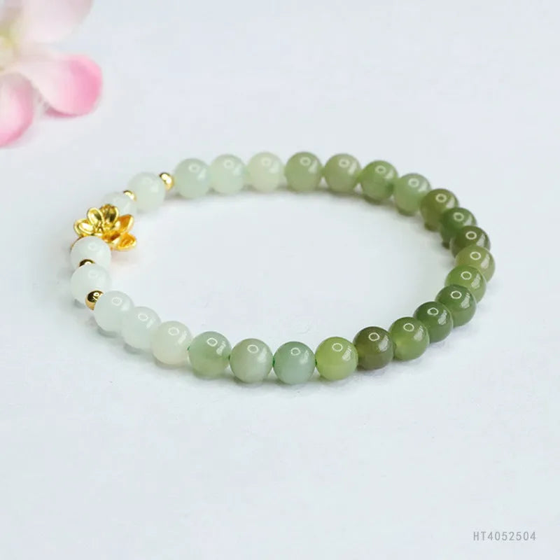 Hand-woven Hetian jade gradient bracelet with 6mm flower beads on a 17cm strand in ancient national style.