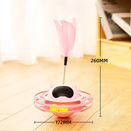Pink cat tumbler turntable toy with self-hi stick measuring 17x10cm