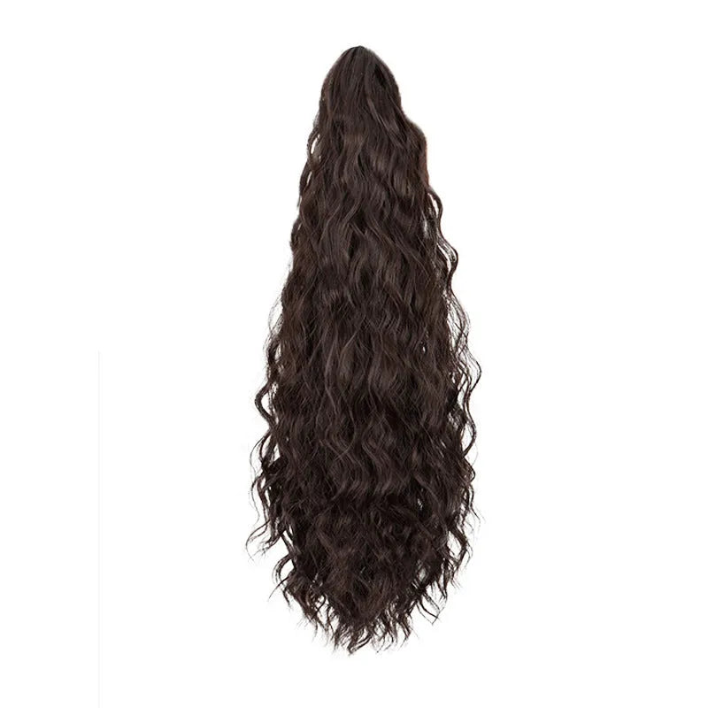 Corn curler style synthetic wig with a water ripple grip ponytail, shown in a dark colour.