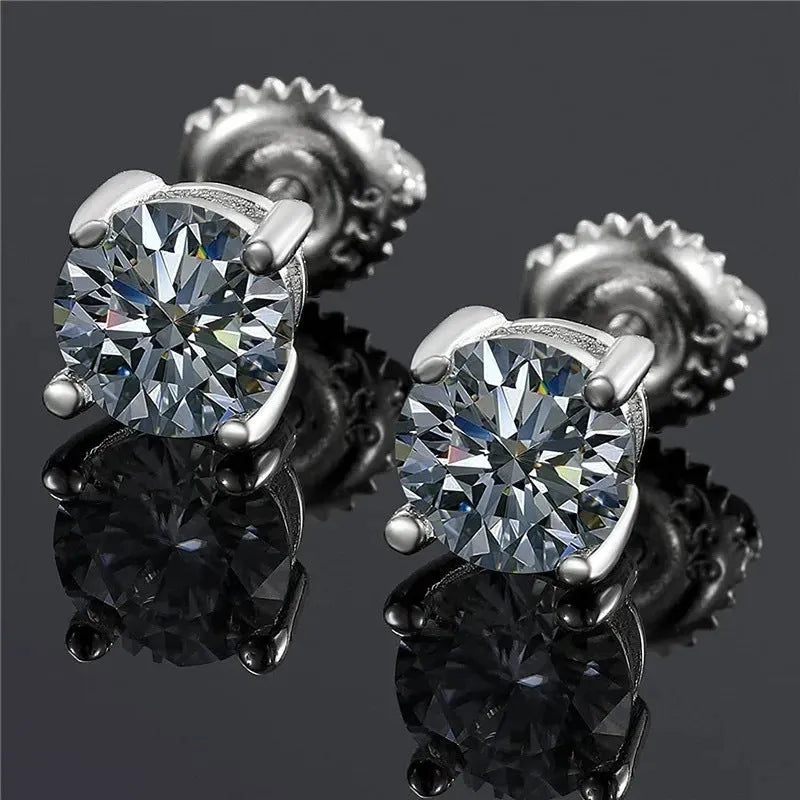 Silver geometric moissanite stud earrings with screw back fastening and four claw settings