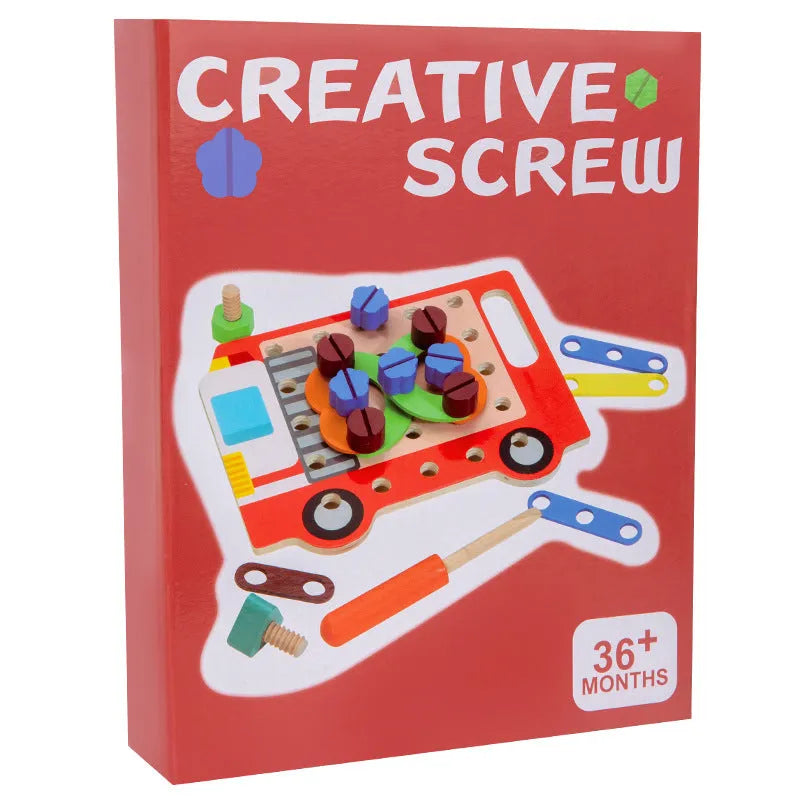 Children wooden twist screws changeable shape matching puzzle with colourful pieces on a white background
