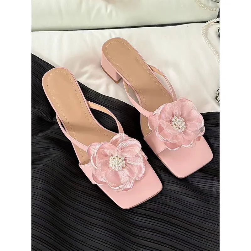 Women's square toe sandals with chunky heel, satin upper, and one-line Korean-style strapping in cream-white colour