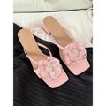Women's square toe sandals with chunky heel, satin upper, and one-line Korean-style strapping in cream-white colour