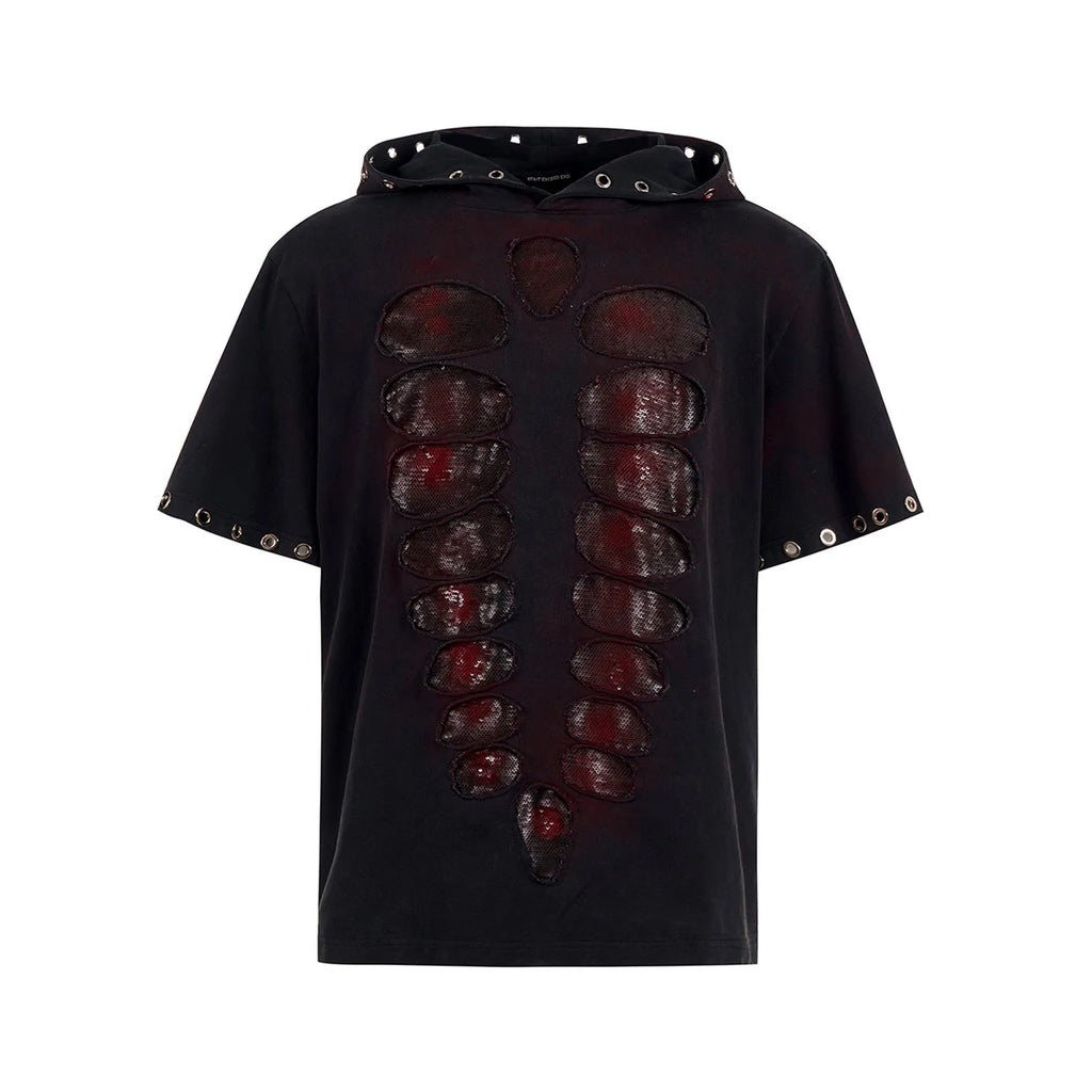 Black men's hooded t-shirt with cut sequin detailing and short sleeves in loose fit