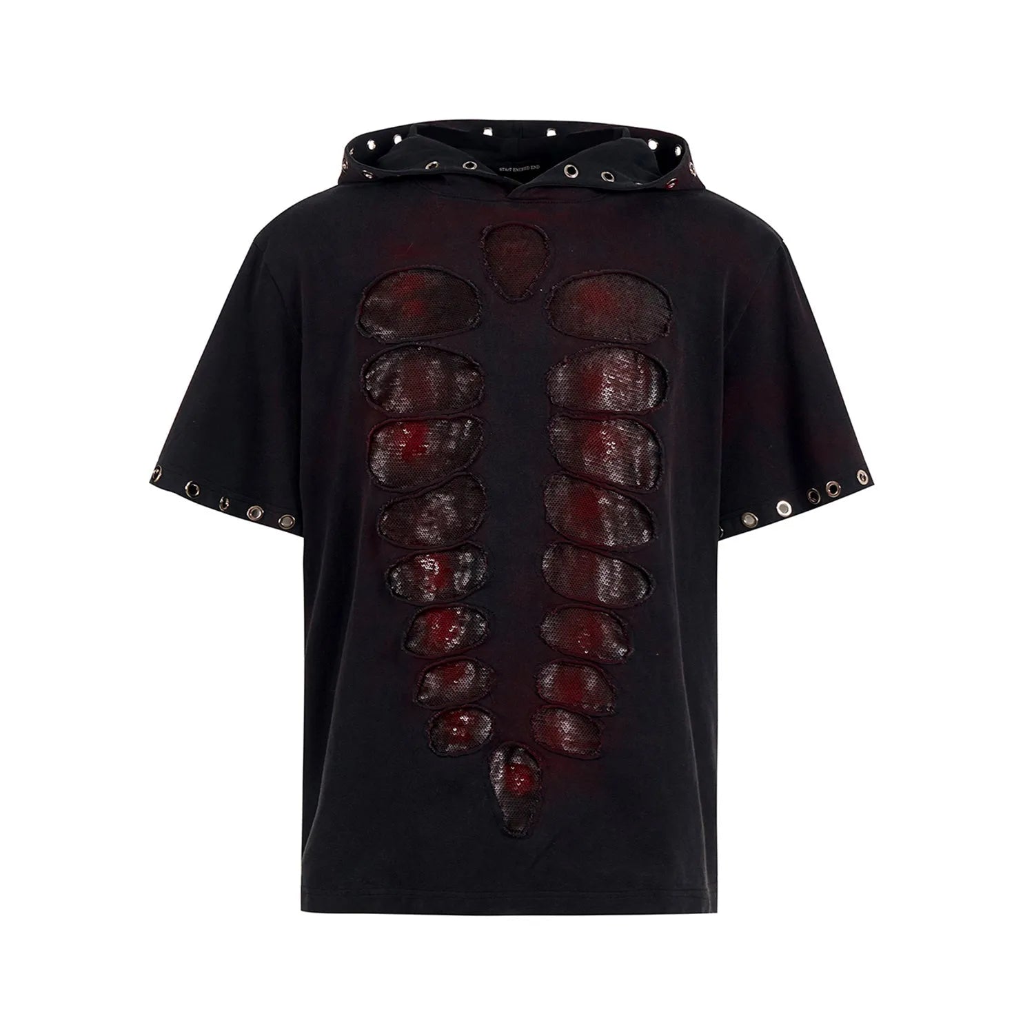 Black men's hooded t-shirt with cut sequin detailing and short sleeves in loose fit