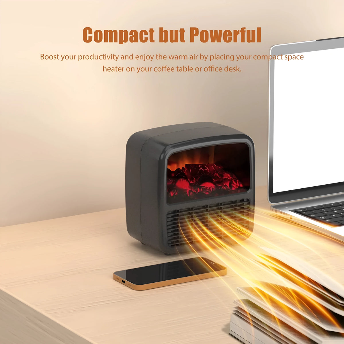 Black desktop ceramic electric space heater with LED flame effect and mechanical controls