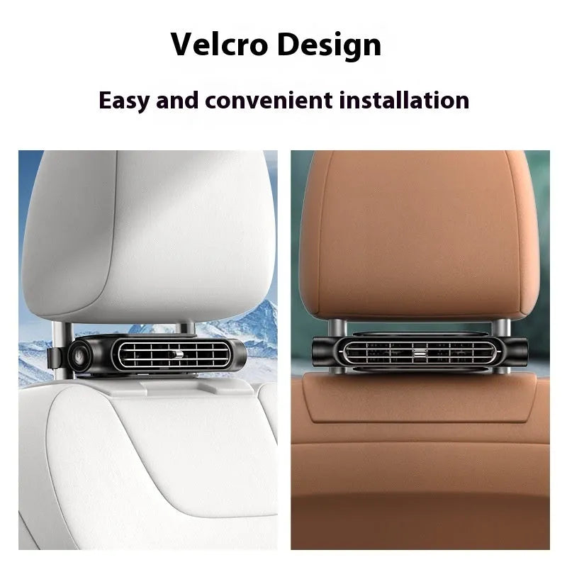 USB plug-in car seat fan with velcro straps, shown in black, white, and beige colour options.