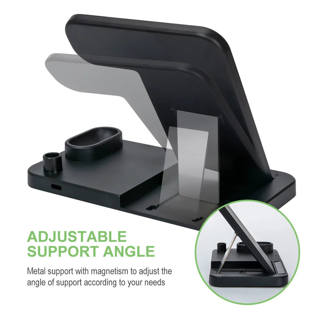 Black folding 4-in-1 wireless charger standing vertically, charging an iPhone and an Apple Pencil.