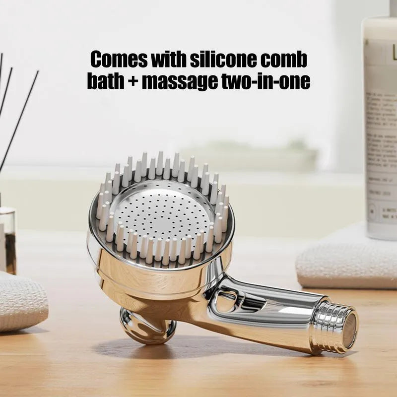 Silver 2-in-1 dog shower attachment with soft silicone comb teeth and ergonomic grip for home bathing