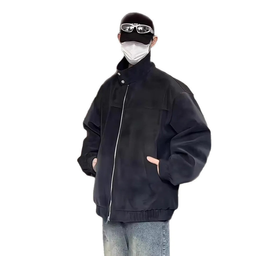 Men's black tie-dyed PU leather jacket with stand collar and Hong Kong style design