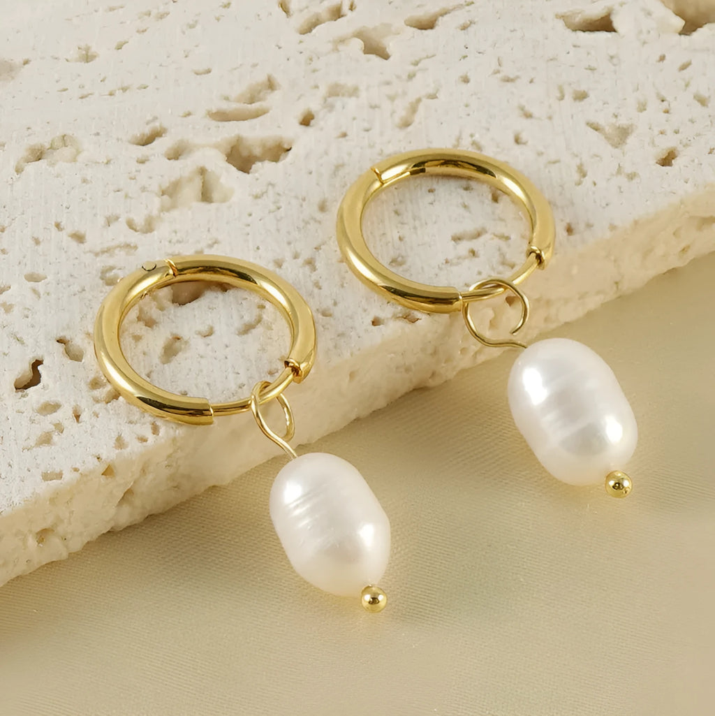 Gold geometric pearl earrings with stainless steel and titanium steel construction