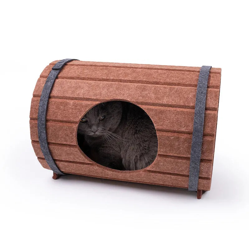 Assembled wine barrel shaped cat bed made from three polyester fibre felt panels