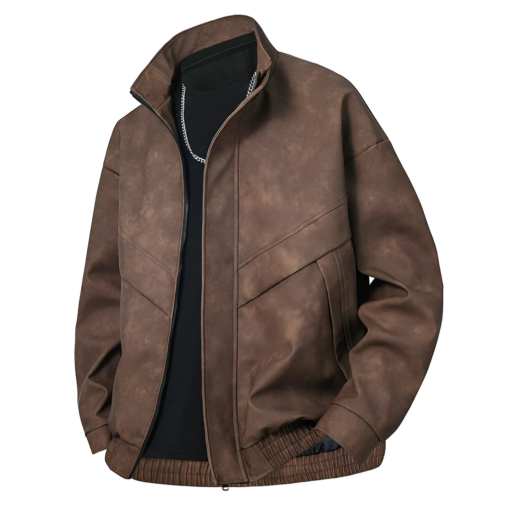 Men's slim fit PU leather coat in loose cut with straight hem and side pockets, shown in black gray colour