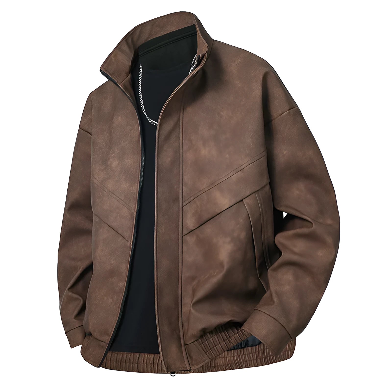 Men's slim fit PU leather coat in loose cut with straight hem and side pockets, shown in black gray colour