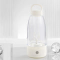 Automatic electric shaker bottle with USB port, handle, and blending motor in green, pink, or white colour.