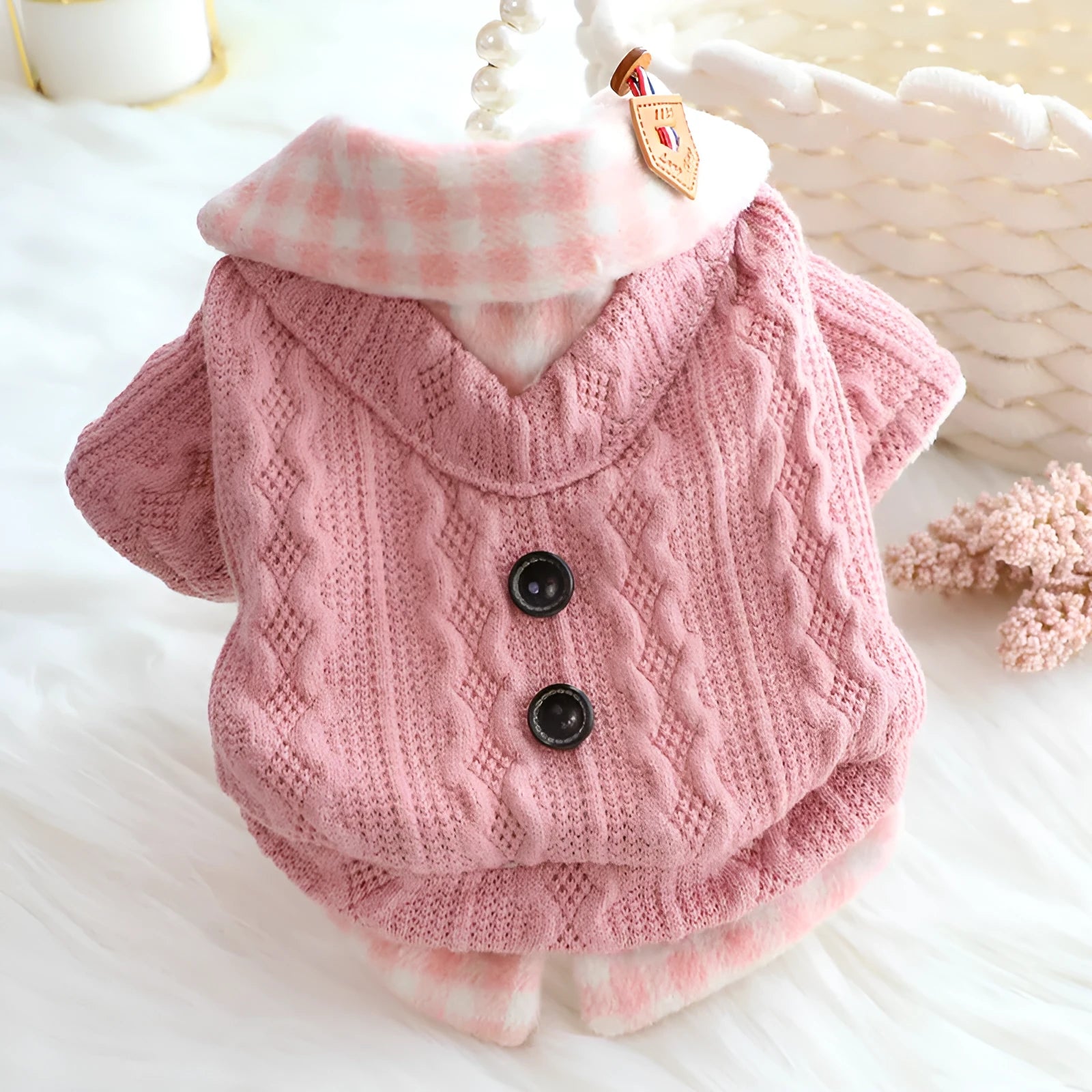 Blue wool plaid fleece-lined dog sweater with fake two-piece jacket design