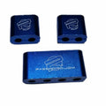 Three-piece metal car fastening clamp in six colour options, shown with dimensions 55x30x25mm.