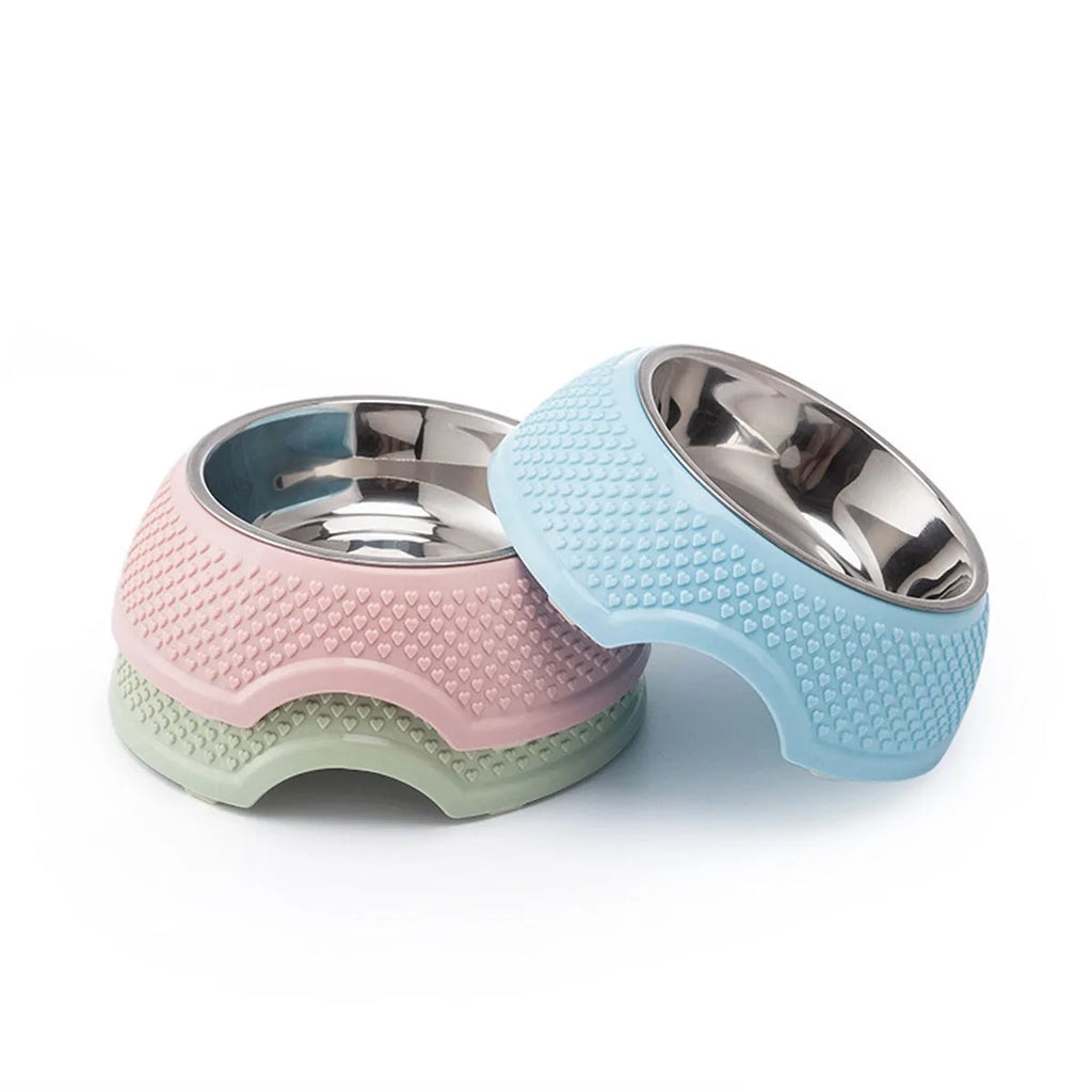Stainless steel pet bowl with non-slip base in blue, green, or pink options, 19cm diameter