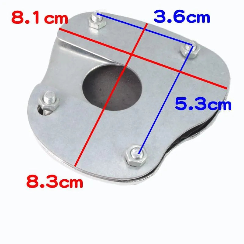 Metal motorcycle brake pedal skid plate showing three style variations for universal fit
