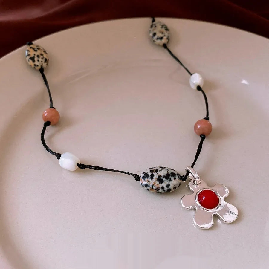 Ethnic flower pendant necklace with stone shell beads on alloy chain in silver black red colours