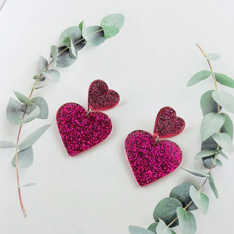 Acrylic love heart earrings for women, geometric Valentine's Day drop dangle jewellery, one pair