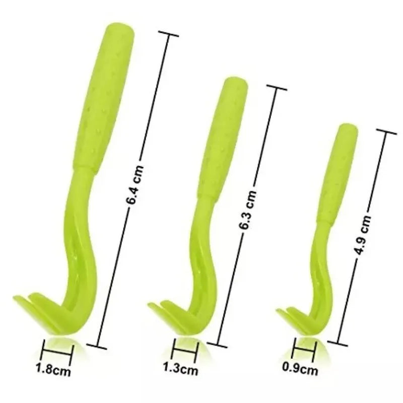 Three blue and green plastic pet tick removal tools with hook design on a white background