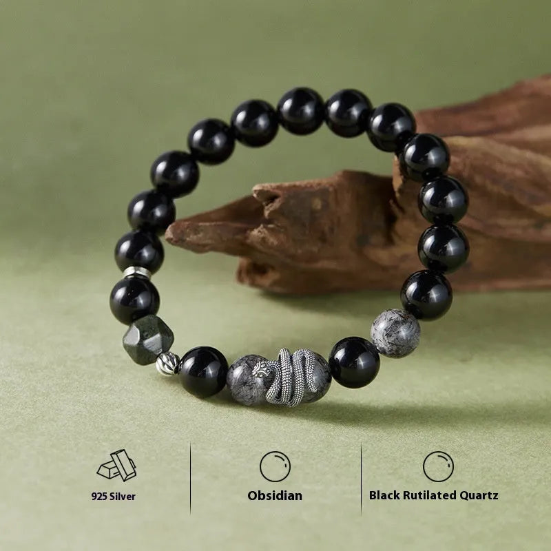 Black retro snake bracelet in 925 sterling silver with obsidian stone, showing animal modelling and certificate