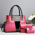 Women's crocodile stitching PU leather three-piece shoulder bag set in beige, showing tote bag, small pouch, and card holder.