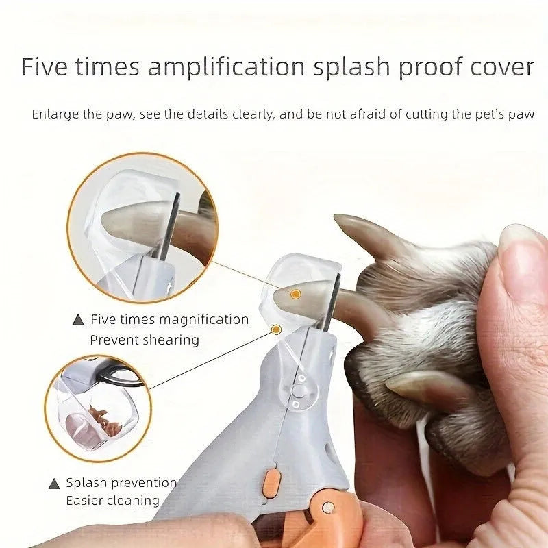 Yellow LED pet nail trimmer with magnifying glass and light on, for trimming cat and dog claws.