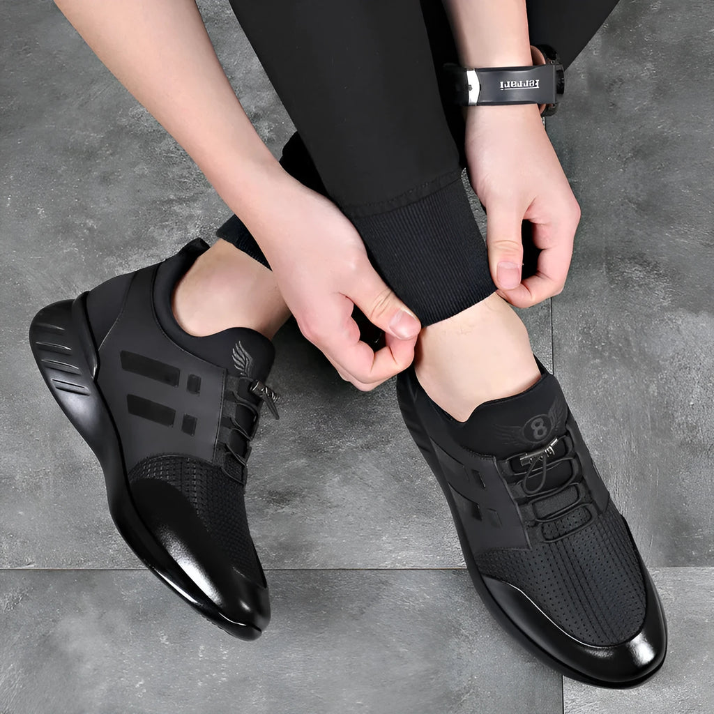Men's black casual shoes with invisible height increase, available in leather, Lycra, and mesh uppers.