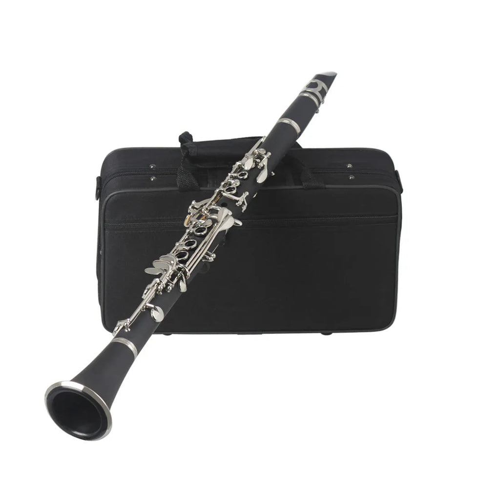 Black Bakelite beginner clarinet with 17 nickel keys and a carry bag.