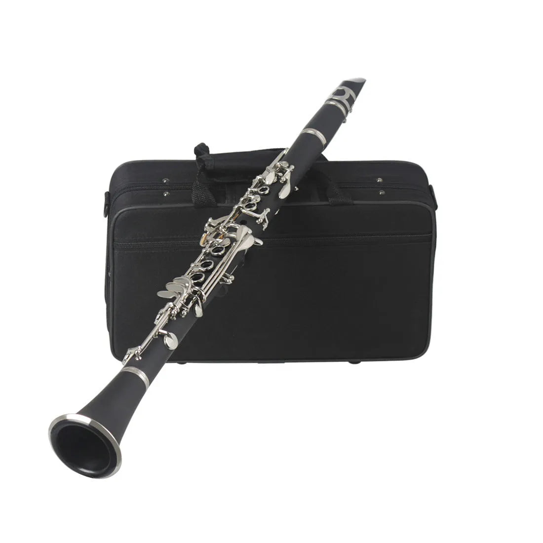 Black Bakelite beginner clarinet with 17 nickel keys and a carry bag.