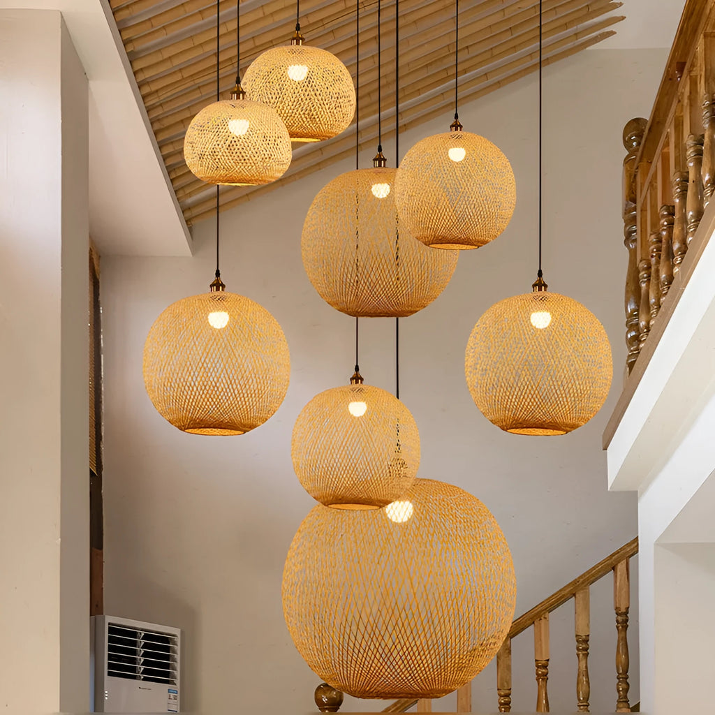 Zen-style pastoral ceiling chandelier with a woven natural rattan lampshade.