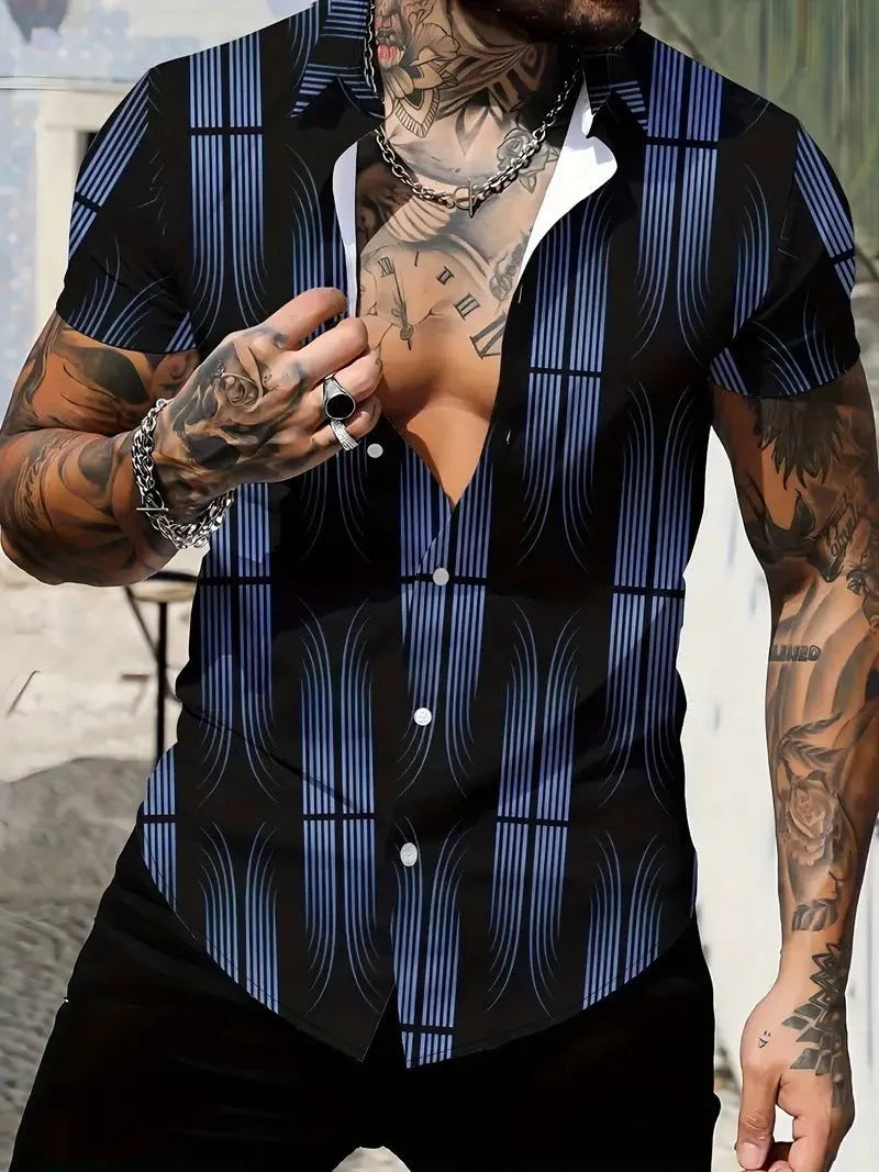 Men's geometric line pattern lapel short sleeve shirt in slim fit polyester