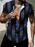 Men's geometric line pattern lapel short sleeve shirt in slim fit polyester