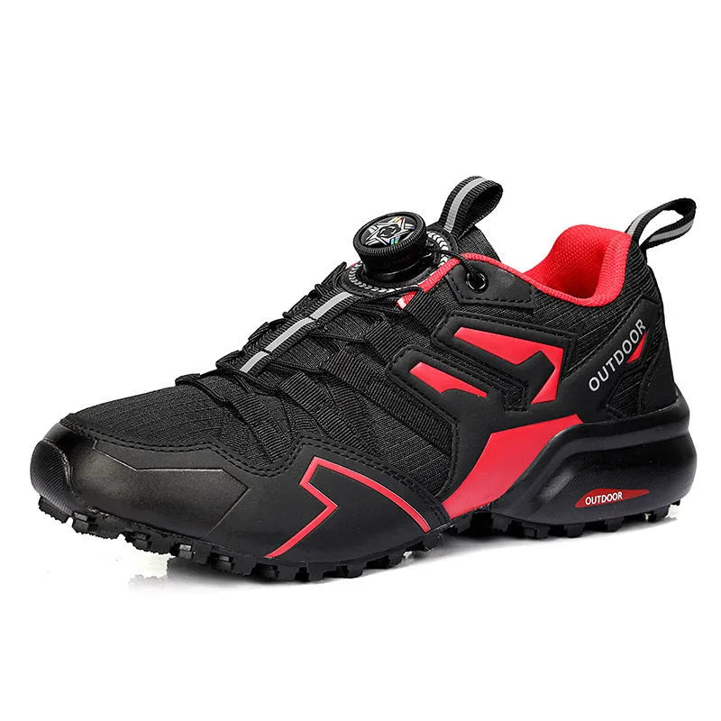 Men's lightweight hiking shoes with elastic band fastening in beige, black, and black-red colours