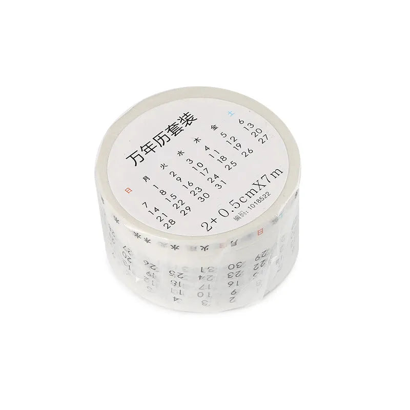 Two rolls of digital hand account tape, each 2cm wide and 7m long, one for perpetual calendar dates and one for weekly planning