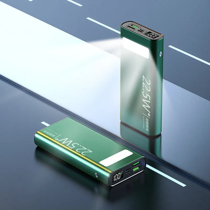 Alloy shell portable power bank in four colours showing LCD display and LED flashlight