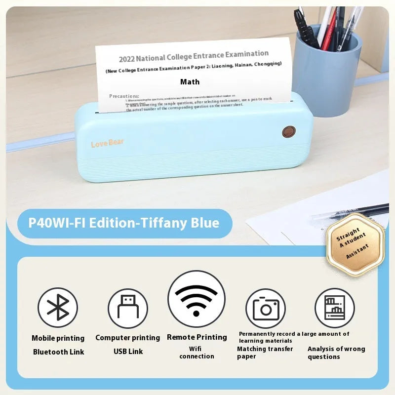 Ailixiong P40 portable thermal printer in Tiffany Blue or White colour with USB port for A4 document printing
