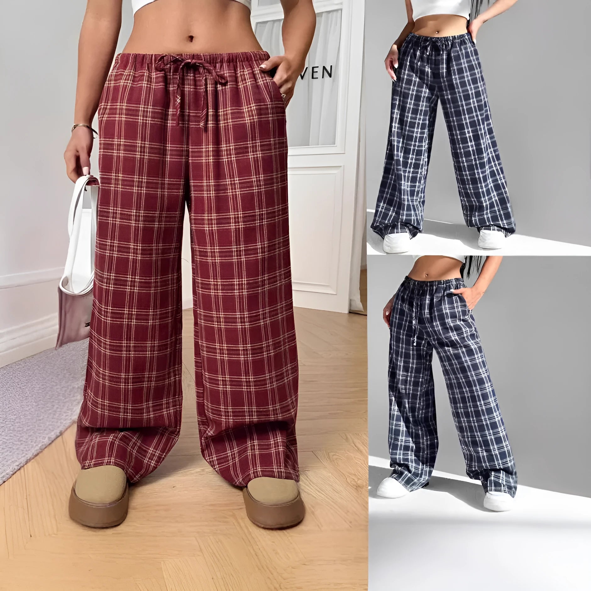 Women's loose fit plaid trousers with drawstring waist and side pockets in polyester fabric