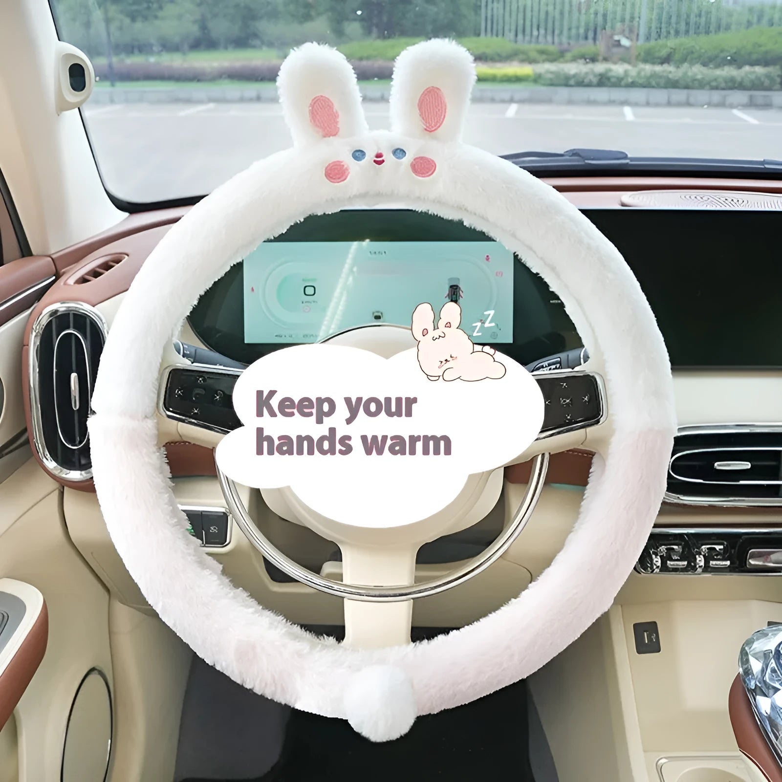 Fleece steering wheel cover with embroidered animal design for 38cm diameter steering wheels